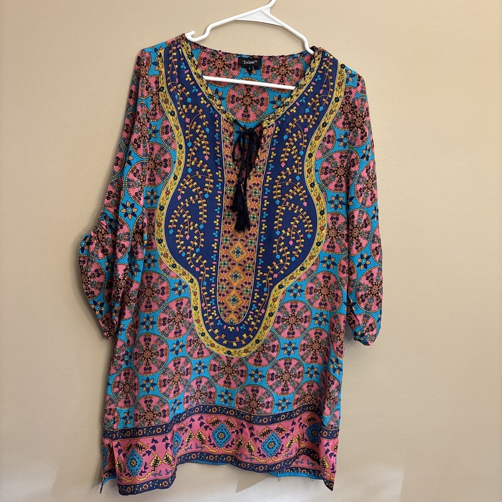 Tolani Silk Tunic Mini Dress Cover‎ Up Womens L Tie Neckline Multicolor Bohemian